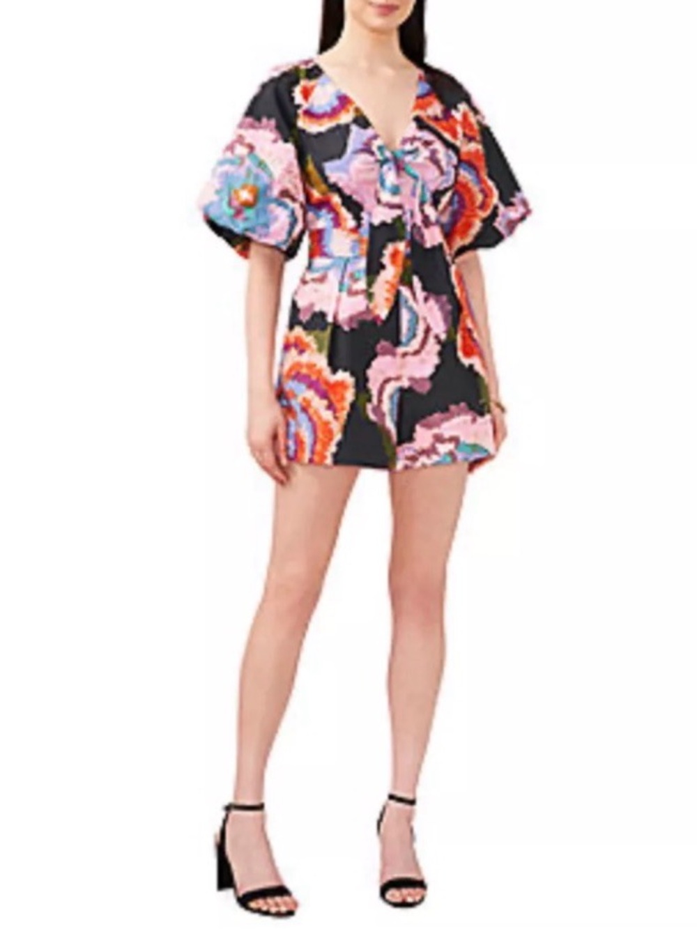 Sam and Jess Black Floral V-Neck Short Dress with Puff Sleeves